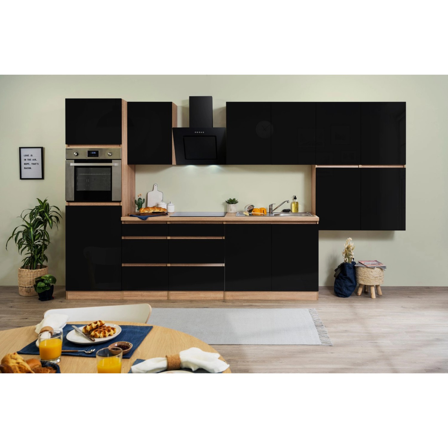 Respekta Küchenzeile/Küchenblock ohne E-Geräte 370 cm Grifflos Schwarz Hochgl.-Eiche Sägerau