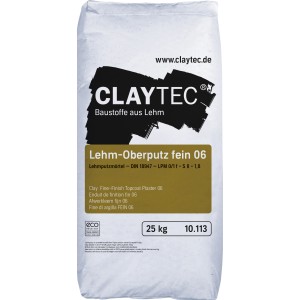 Sack Claytec Lehm Oberputz Fein 06, 25 kg, für Innenputz-Arbeiten.