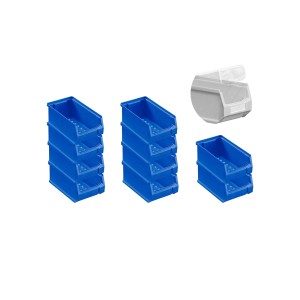 Sparset: 10 blaue Sichtlagerboxen mit Abdeckung, 7,5x10x17,5cm, 0,8 Liter. Sichtlagerkästen für Werkstatt & Lager.