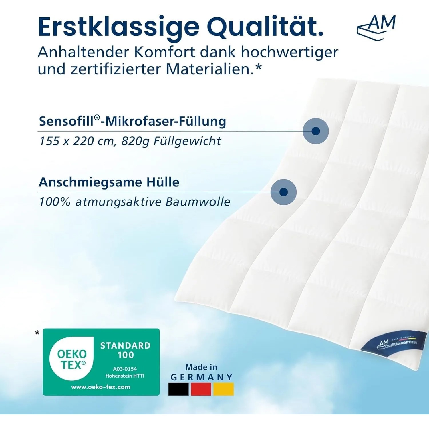 AM Premium Bettdecken- & Kissen-Set, 155x220cm, weiße Baumwollhülle mit Mikrofaserfüllung.