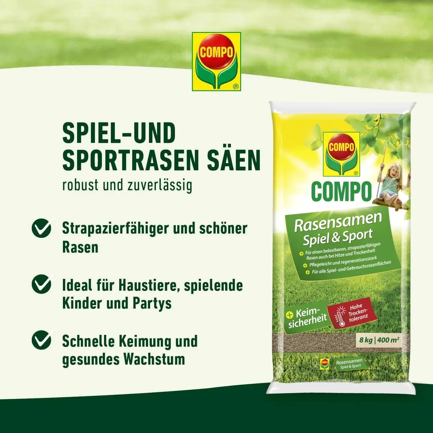 Verpackung Compo Rasensamen Spiel & Sport, 8kg für strapazierfähigen Rasen.