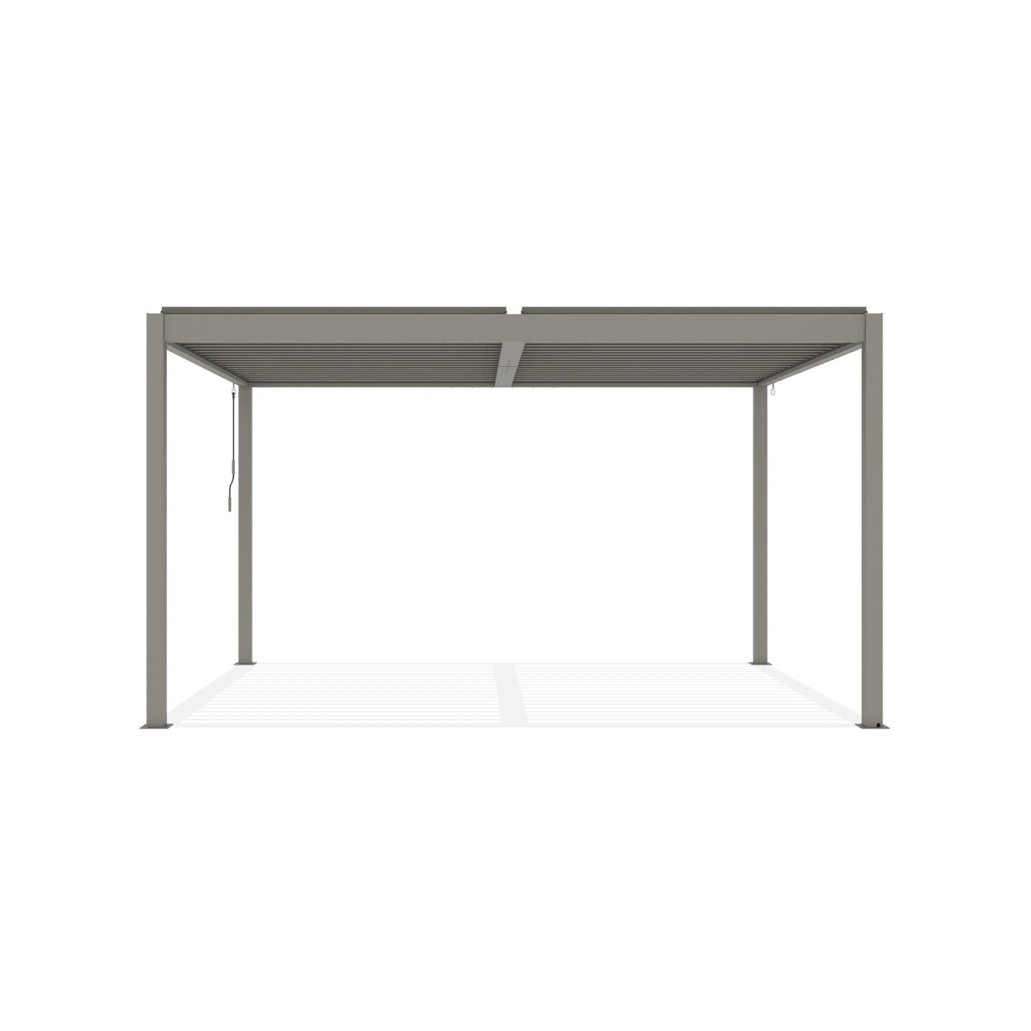 Freistehende Cazeboo Piana Bioklimatische Pergola 4x3m aus taupefarbenem Aluminium.