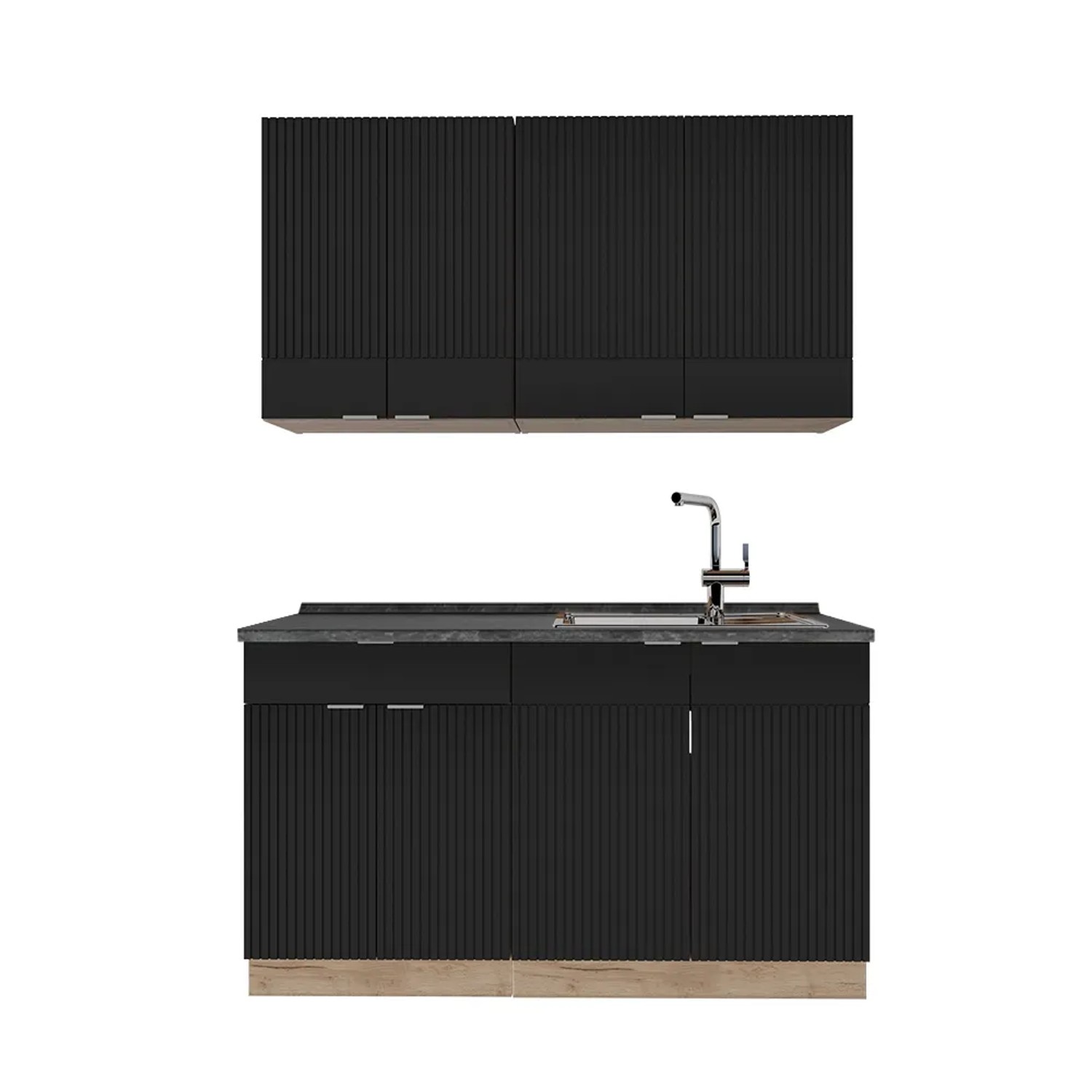Vicco Fame-Line Singleküche Schwarz gestreift/Goldkraft Eiche 140 cm AP Anthrazit ohne E-Geräte