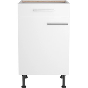 Weißer Optifit Unterschrank Bengt932 (50 cm) mit Schublade, Tür und Edelstahlgriffen.
