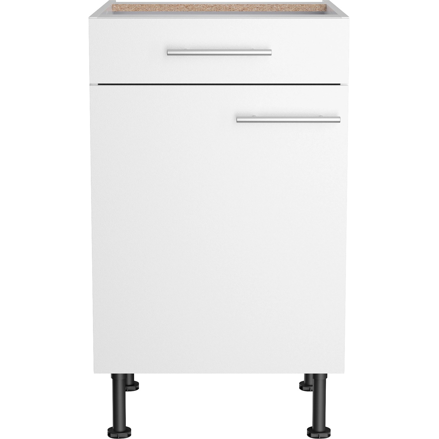 Weißer Optifit Unterschrank Bengt932 (50 cm) mit Schublade, Tür und Edelstahlgriffen.