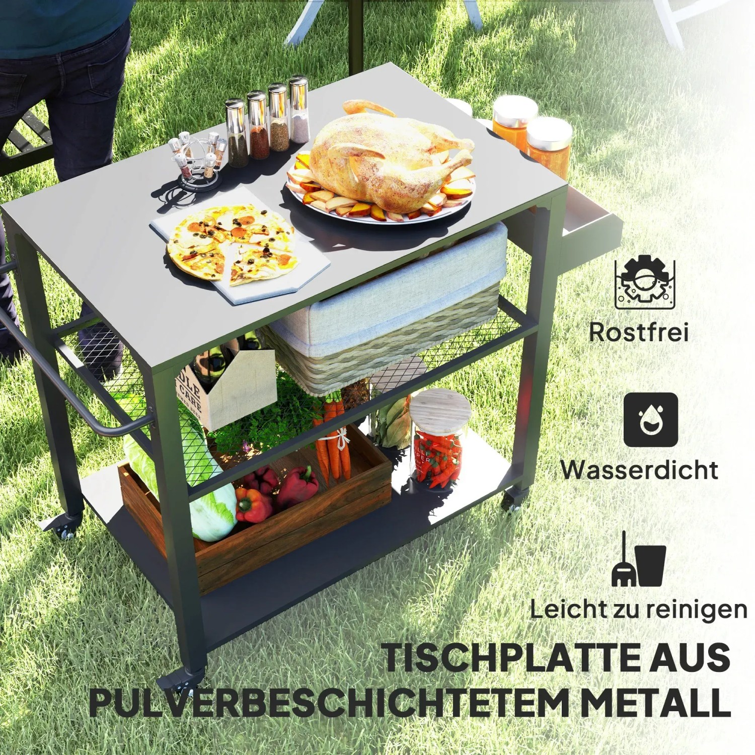 Outsunny Grillwagen aus Stahl, schwarz, mit Speisen und Zutaten auf Ober- und Unterflächen.