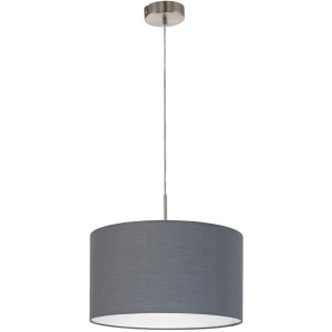 Graue Eglo Hängeleuchte Pasteri mit Stoffschirm und Nickel-matt Details, Durchmesser 38cm.