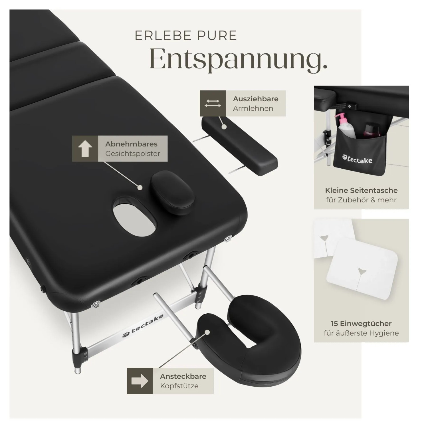 Tectake 3 Zonen Massageliege Ko Tao Breite 78 cm Polsterung 5 cm Inklusive Tragetasche und 15 Einwegtücher 212 x 108 x 90 cm Schwarz_3