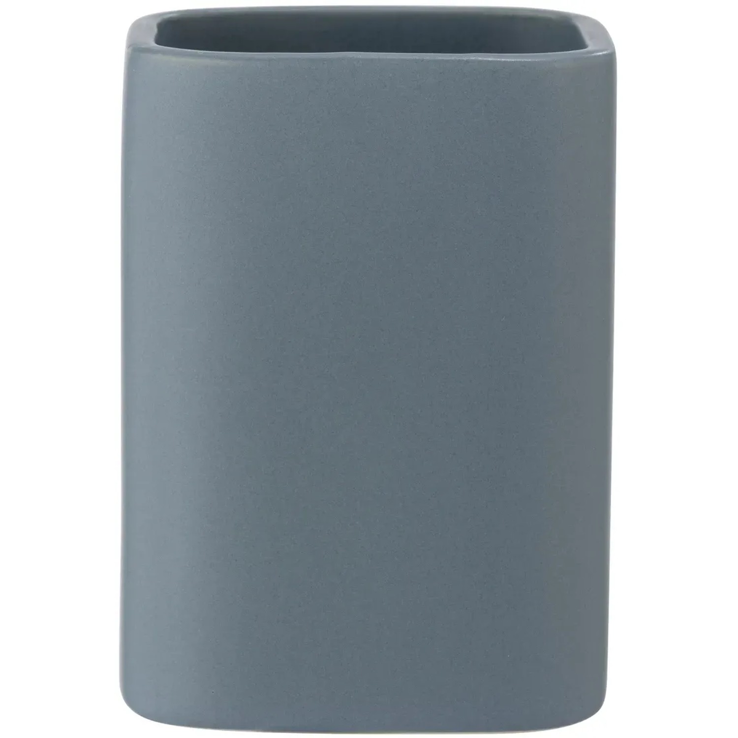 Blauer Wenko Zahnputzbecher Hexa aus Keramik mit abgerundeten, quadratischen Formen.