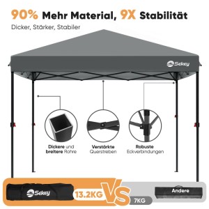 Grauer Sekey Pop Up Pavillon 3x3. Details zeigen verstärkte Rohre, Querstreben und robuste Eckverbindungen für Stabilität.