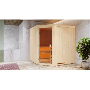 Karibu Sauna Kotka mit Eckeinstieg und bronzierter Glastür in hellem Holz.