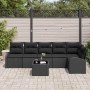 Schwarzes 7-teiliges vidaXL Garten-Sofa-Set aus Poly Rattan mit Kissen und Tisch.