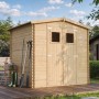 Timbela Gartenhaus M369+M369G aus Holz mit Boden, naturbelassen, mit Gartengeräten dekoriert.