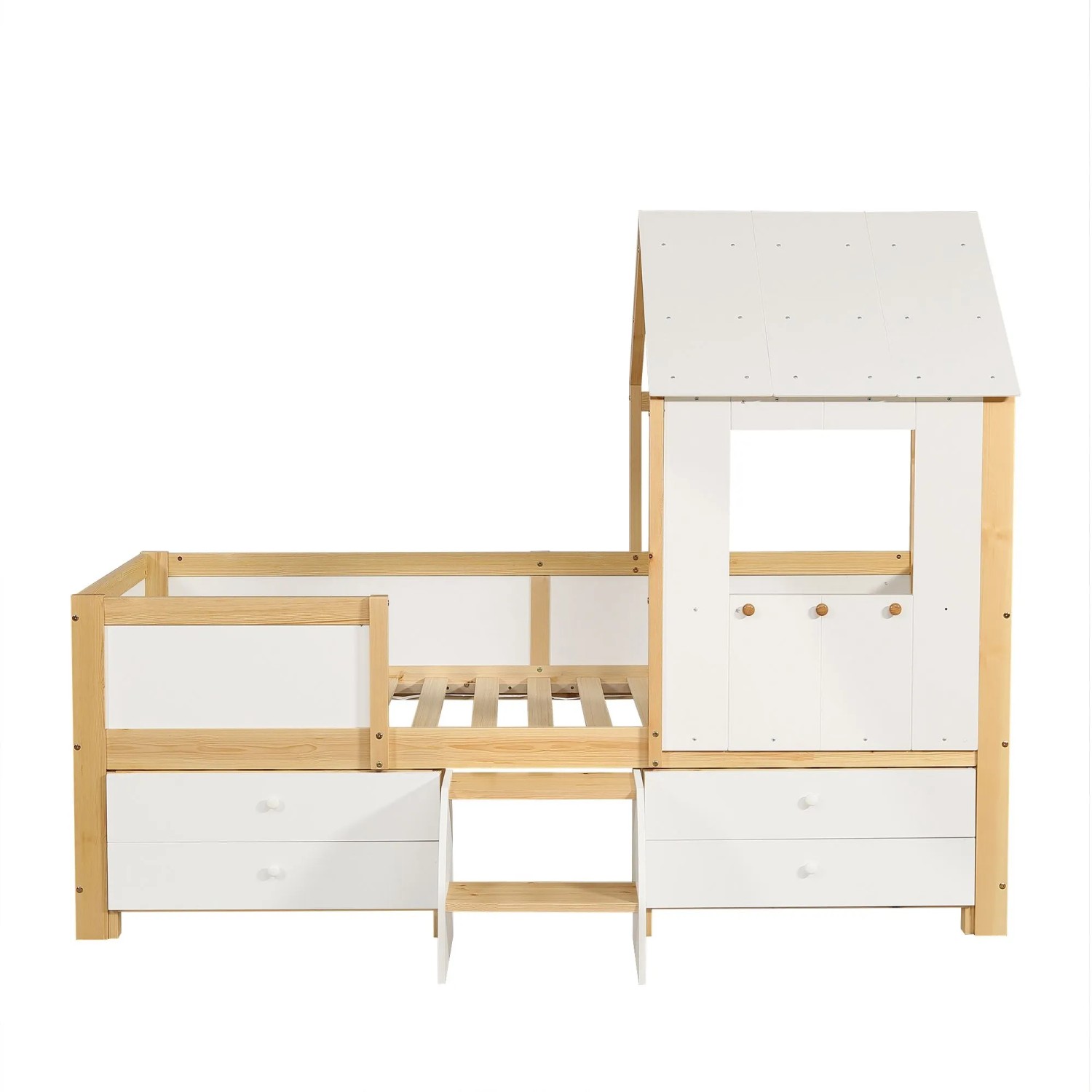 okwish Hausbett 90x200cm mit Dach Fenster Schubladen und Treppe Weiß Natur ohne Matratze