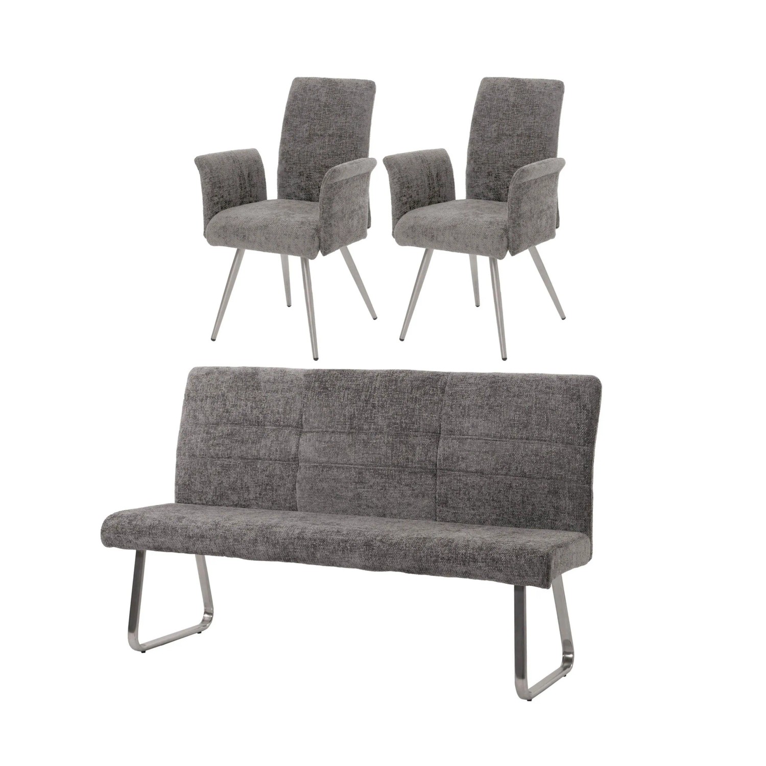 MCW Esszimmer-Set G55 2er-Set Stuhl mit Armlehne+Sitzbank 180cm 3-teilig Stoff Chenille Dunkelgrau