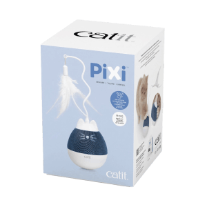 Catit Kreisel Pixi, interaktiver Leckerlispender für Katzen, blau-weiß, mit Federangel und Nachtlicht.