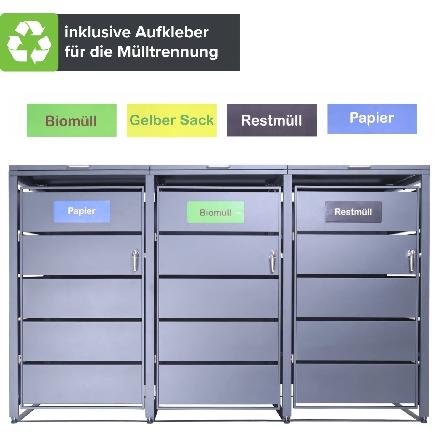 Albatros Mülltonnenbox für 3 Tonnen (je 240L) in Anthrazitgrau, aus verzinktem Stahl mit Aufkleber-Set.