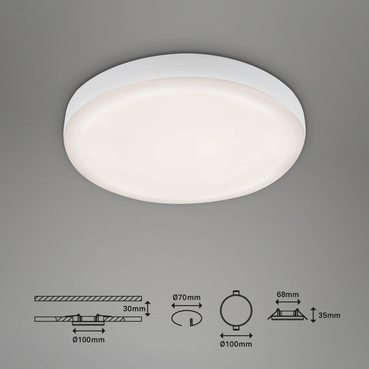 Weiße Briloner LED Einbauleuchte Plat, Ø 10cm, neutralweißes Licht. Ideal als Einbaustrahler.