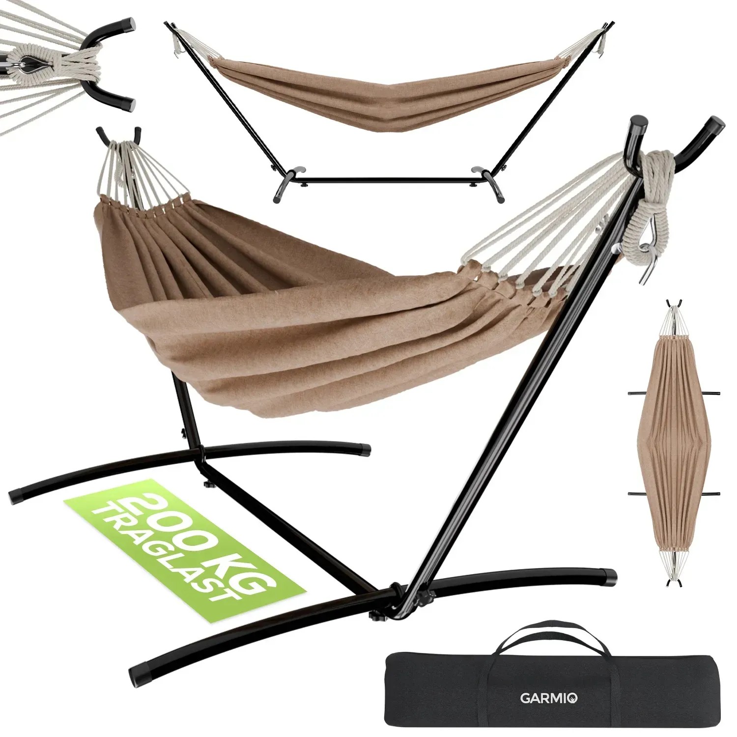Garmio Hängematte Venedig braun mit Gestell, wetterfest, bis 200 kg, inklusive Tragetasche.