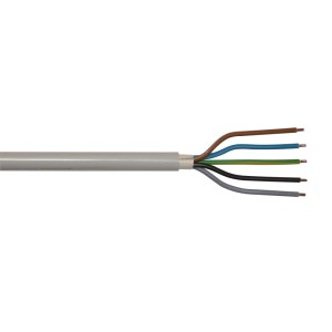 Graue Emskabel Mantelleitung NYM-J 5G6 mit fünf farbigen Adern (braun, blau, grün/gelb, schwarz, grau) und Kupferleitern.