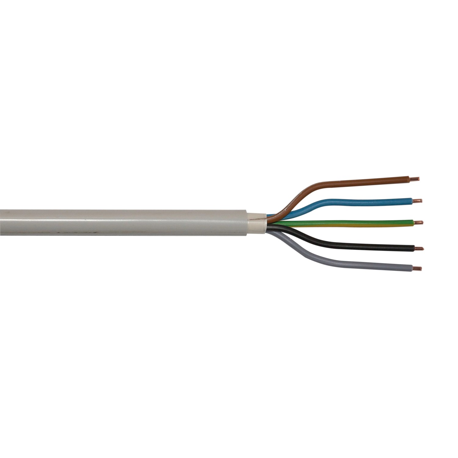 Graue Emskabel Mantelleitung NYM-J 5G6 mit fünf farbigen Adern (braun, blau, grün/gelb, schwarz, grau) und Kupferleitern.