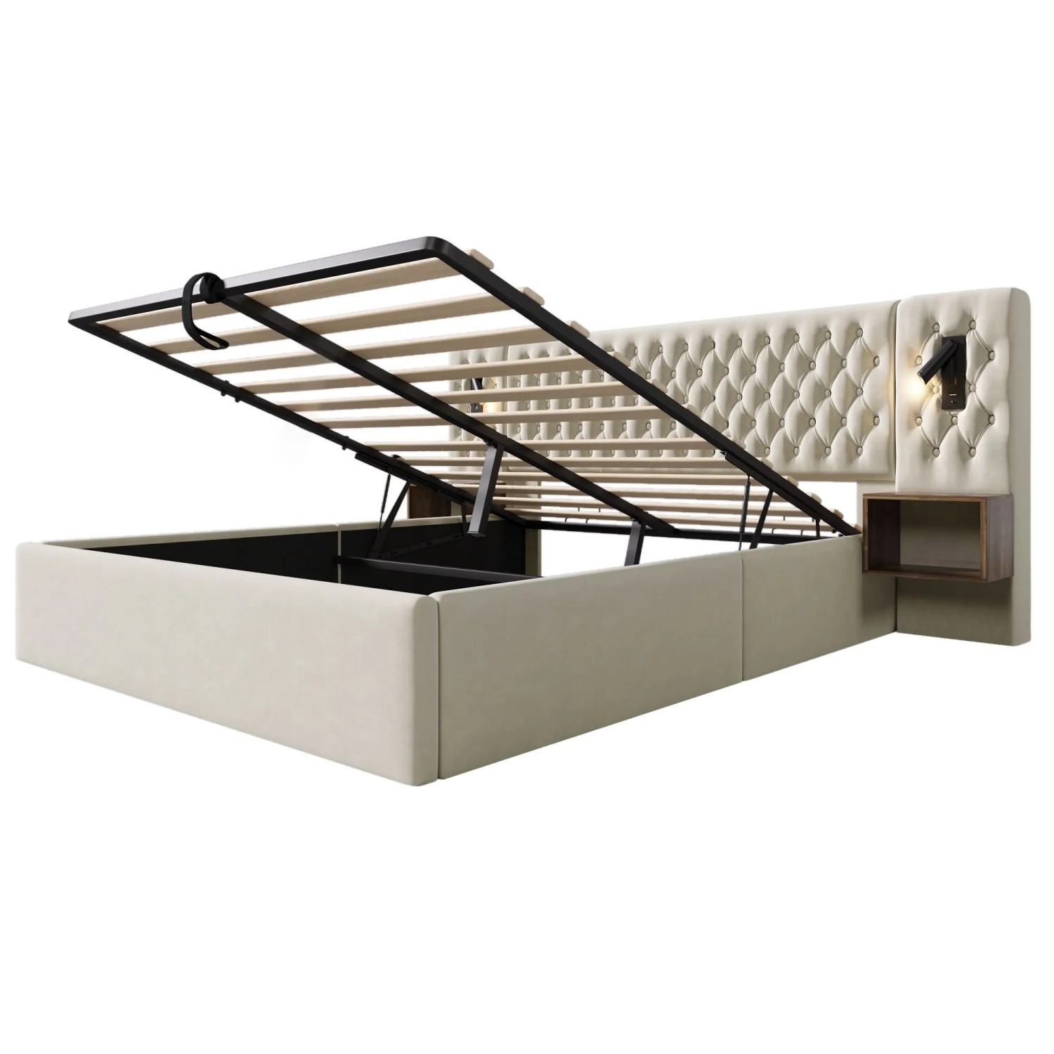 okwish Polsterbett 180x200cm mit Hydraulischem Stauraum USB Licht Beige ohne Matratze