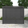 Anthrazitfarbene MWH Rollomarkise O-Series 3m an dunkler Pergola im Garten. UV-Sonnenschutz.