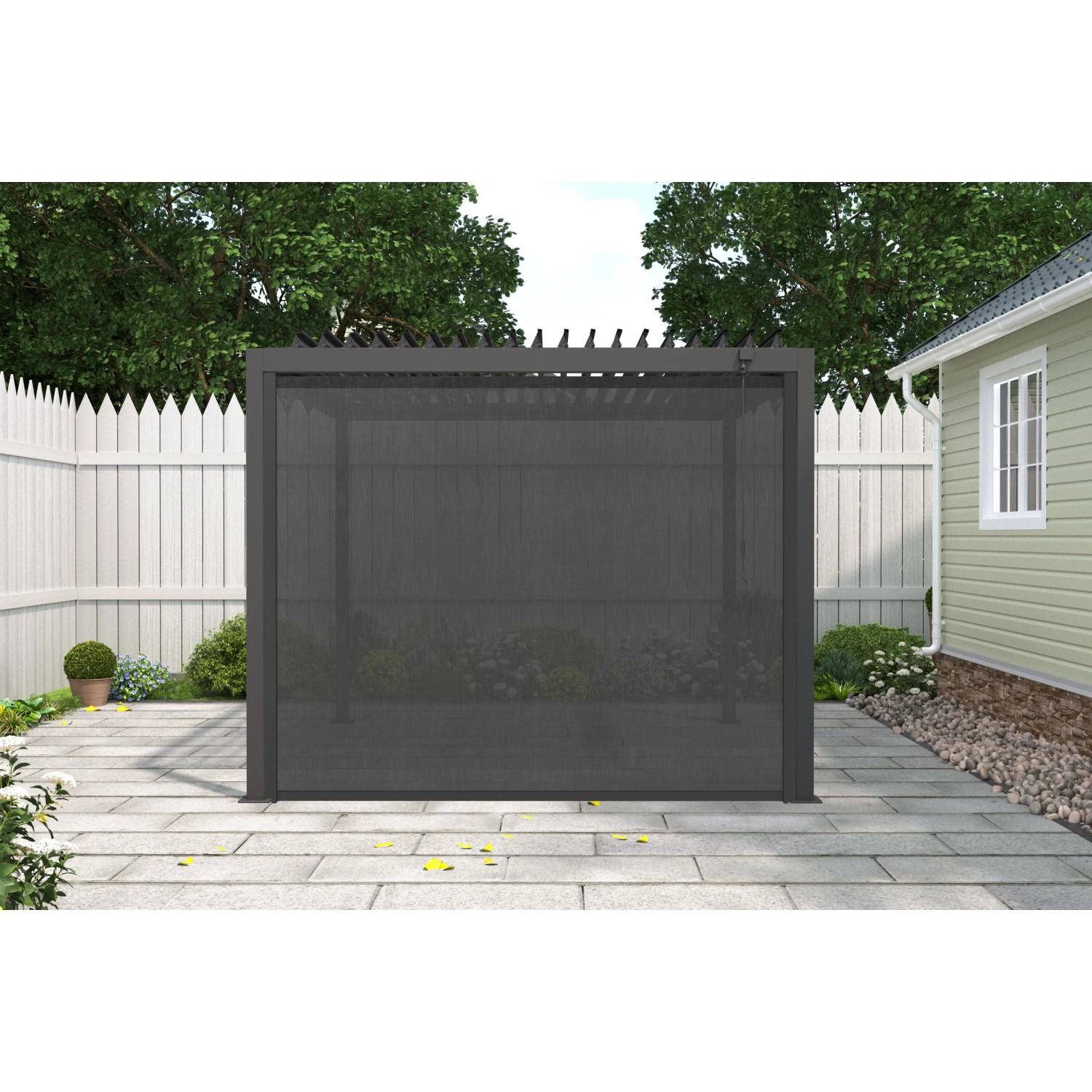 Anthrazitfarbene MWH Rollomarkise O-Series 3m an dunkler Pergola im Garten. UV-Sonnenschutz.