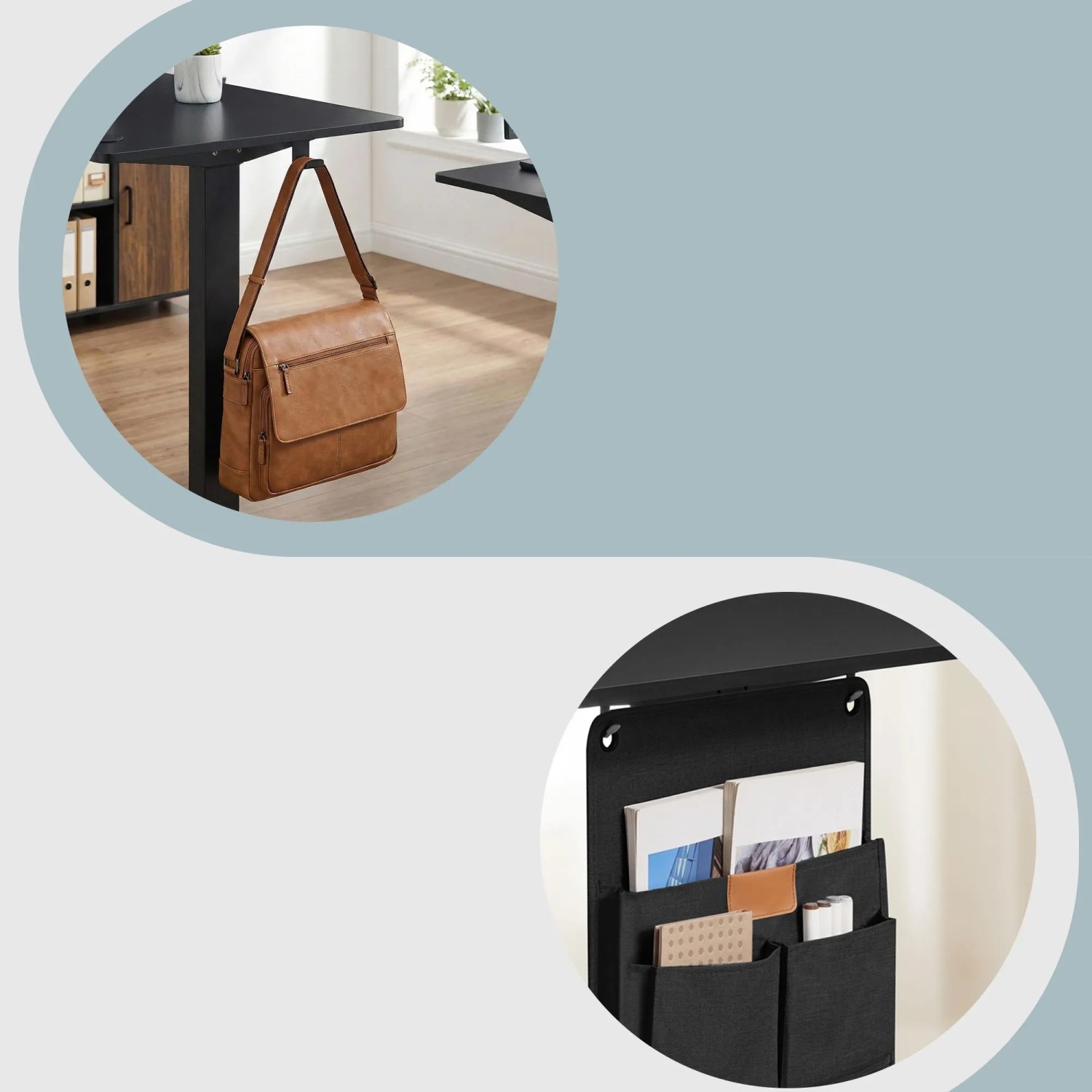 Details des schwarzen Songmics Schreibtisch: Taschenhaken mit Tasche, Stoff-Organizer mit Fächern.