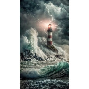 Erismann Fototapete Zooom Lighthouse: Leuchtturm im Sturm mit Blitzen und hohen Wellen.
