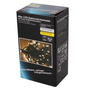 Verpackung der 48er LED Lichterkette mit Timer für Innen & Außen, warmweiß.