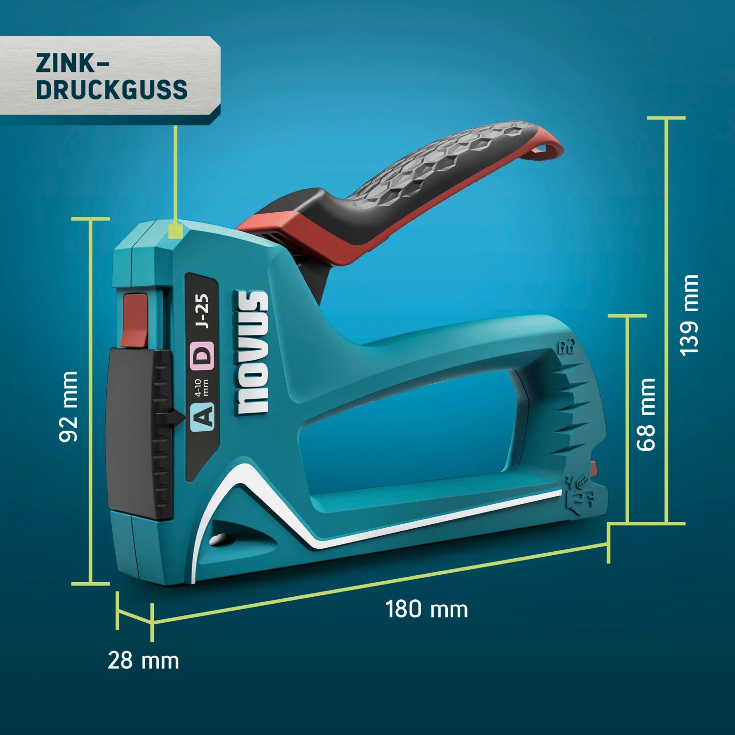 Novus Handtacker J-25, Profi-Tacker für Feindraht- und Flachdrahtklammern, blau/schwarz/rot.