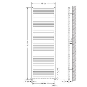 Technische Zeichnung: Weißer LuxeBath Badheizkörper, 600 x 1800 mm, mit Maßangaben.
