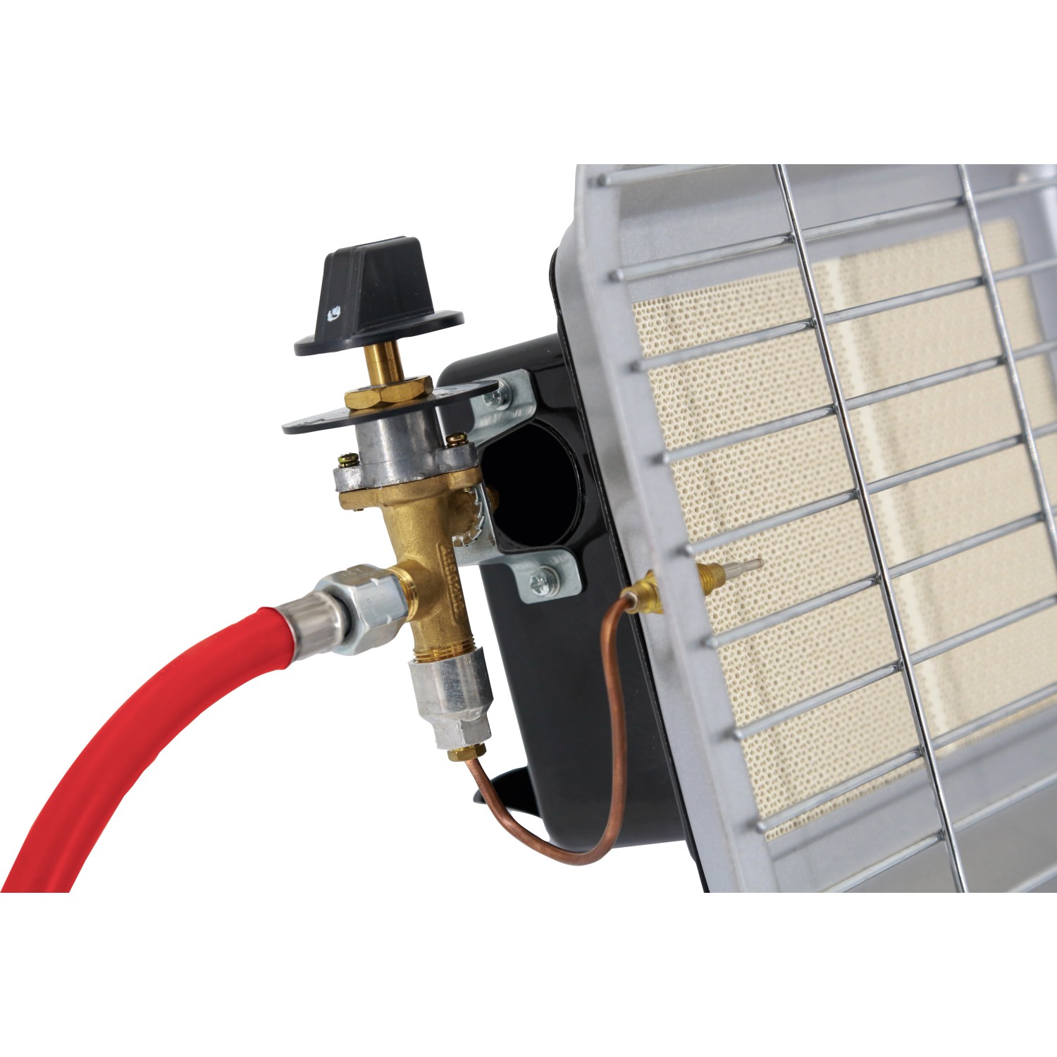 Detailaufnahme Gasheizer mit Regler, Schlauch und Heizelement. Mobiler Heizstrahler für Außen.