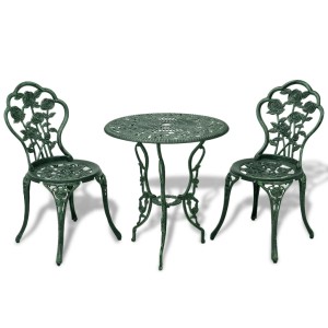 Grünes vidaXL Bistro-Set aus Aluminiumguss mit Tisch und zwei Stühlen für Garten oder Balkon.