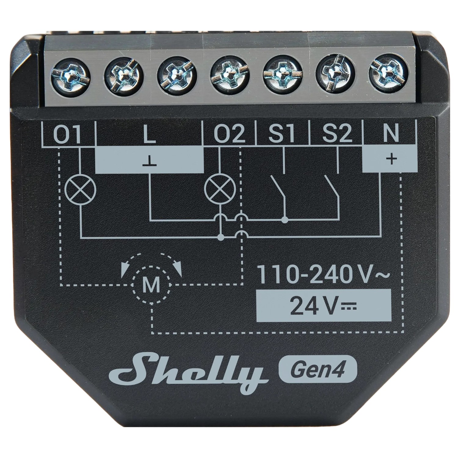Schwarzes Shelly 2PM Gen4 Relais für Jalousien und Rollläden, Schema aufgedruckt.