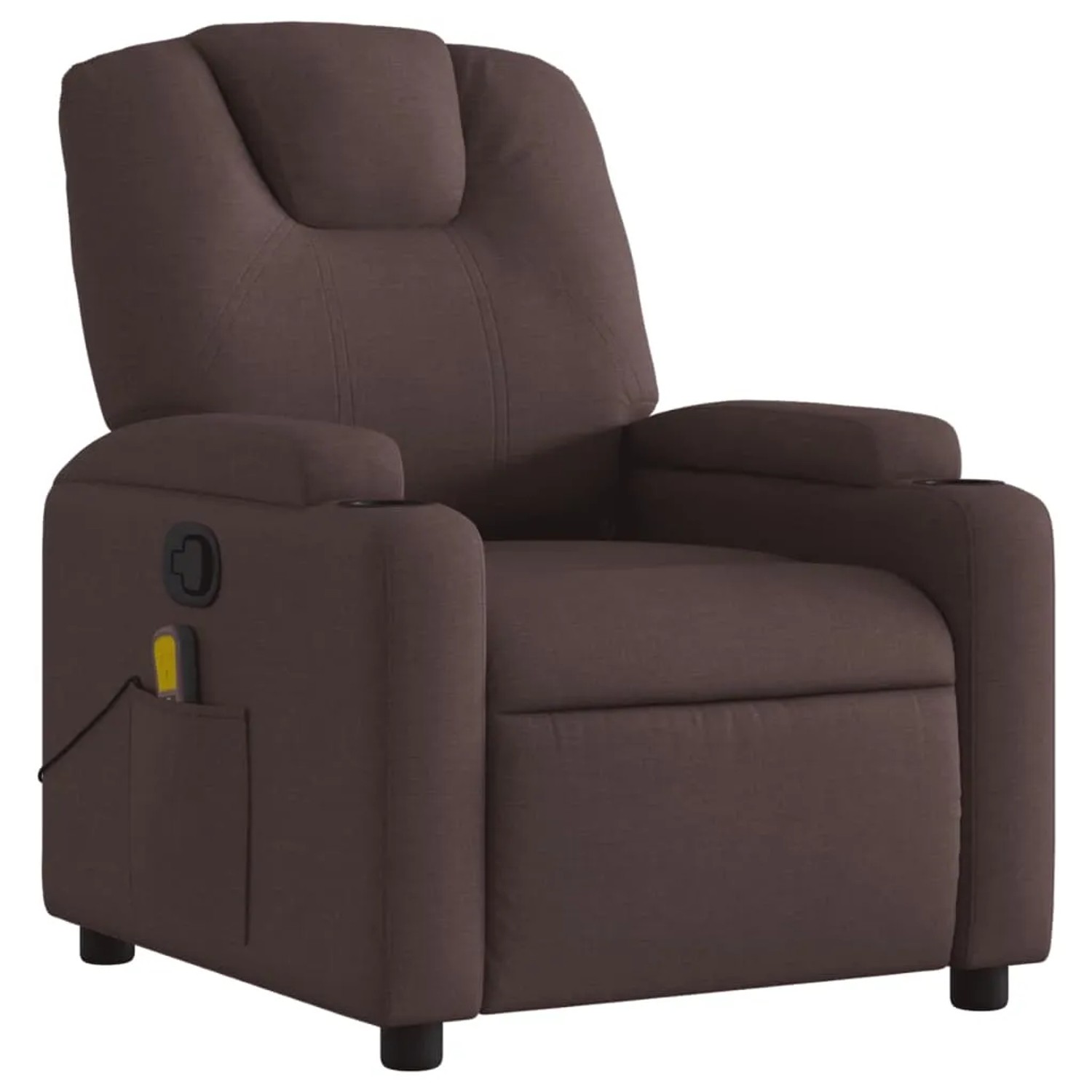 Dunkelbrauner vidaXL Massagesessel Modell 5 aus Stoff mit Getränkehalter und Seitentasche.