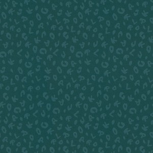 Grüne Vliestapete mit abstraktem Buchstabenmuster und Metallic-Effekt. Dekorative Tapete für Wohnräume.