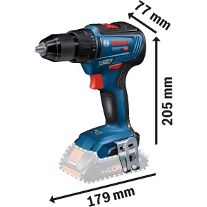 Bosch Professional GSR 18V-55 Akku-Bohrschrauber (Solo) mit L-Boxx, blau, mit Maßangaben.