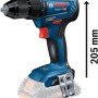 Bosch Professional GSR 18V-55 Akku-Bohrschrauber (Solo) mit L-Boxx, blau, mit Maßangaben.
