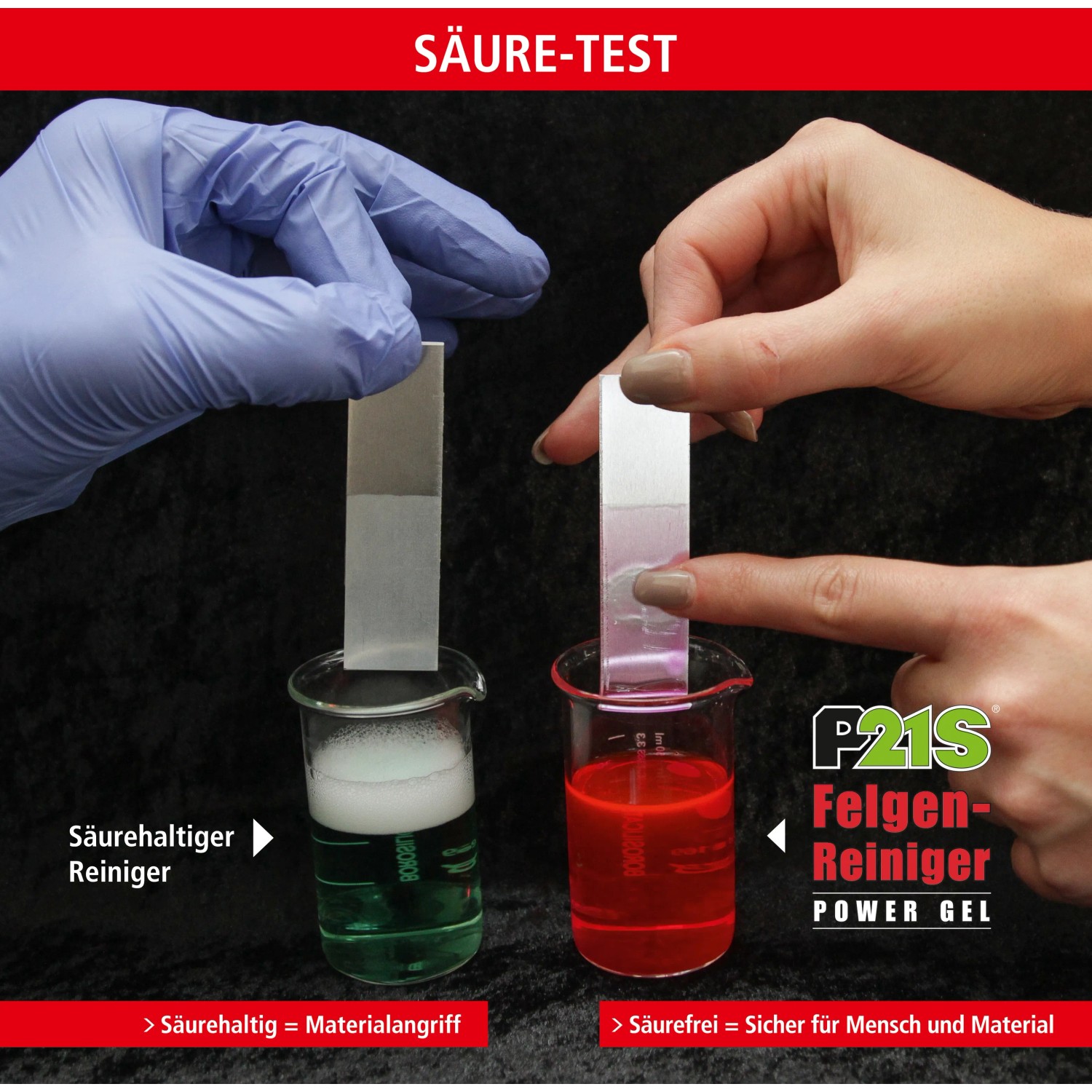 Säuretest: P21S Felgenreiniger Power Gel säurefrei vs. säurehaltig im Vergleich.