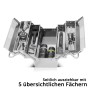 Offener STAHLWERK Werkzeugkasten aus Edelstahl mit 5 Fächern und Werkzeugen.