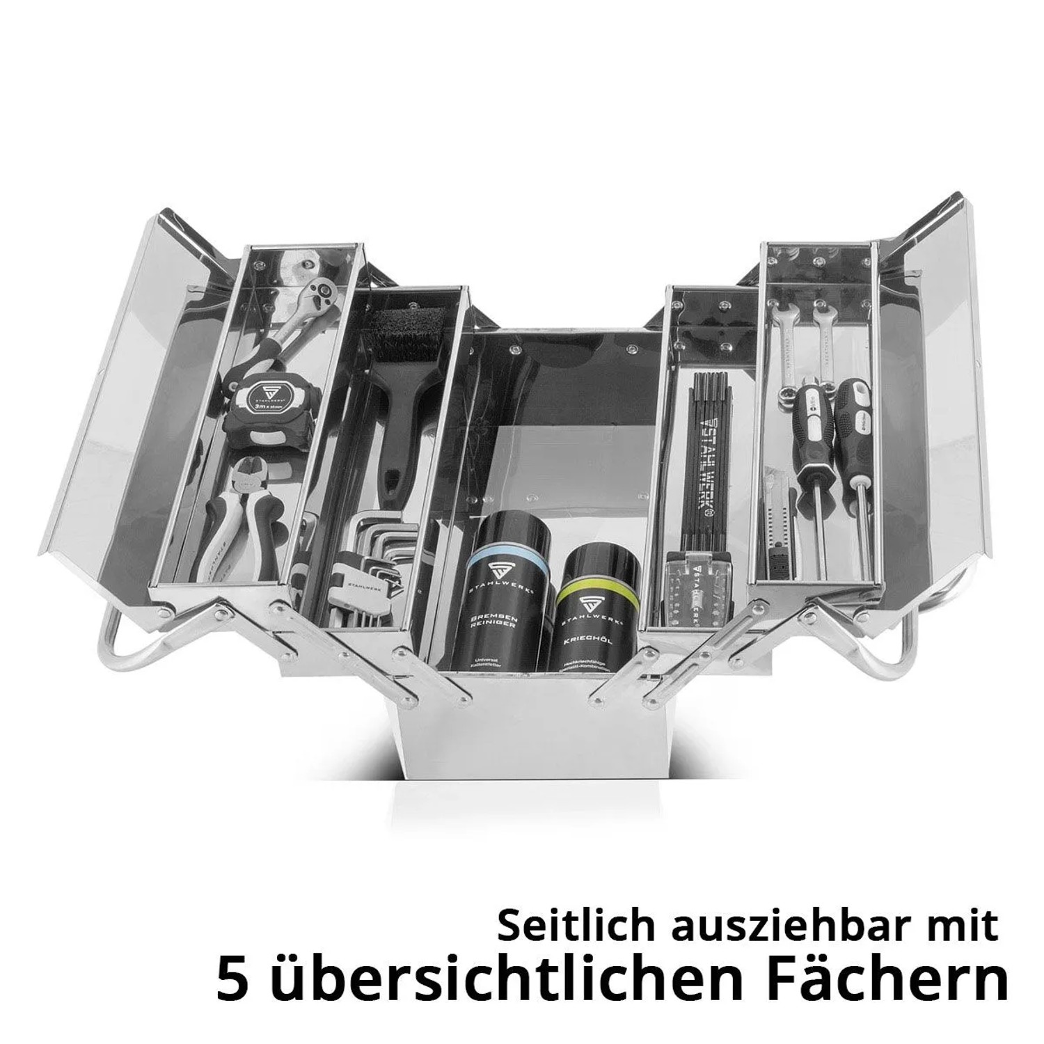 Offener STAHLWERK Werkzeugkasten aus Edelstahl mit 5 Fächern und Werkzeugen.