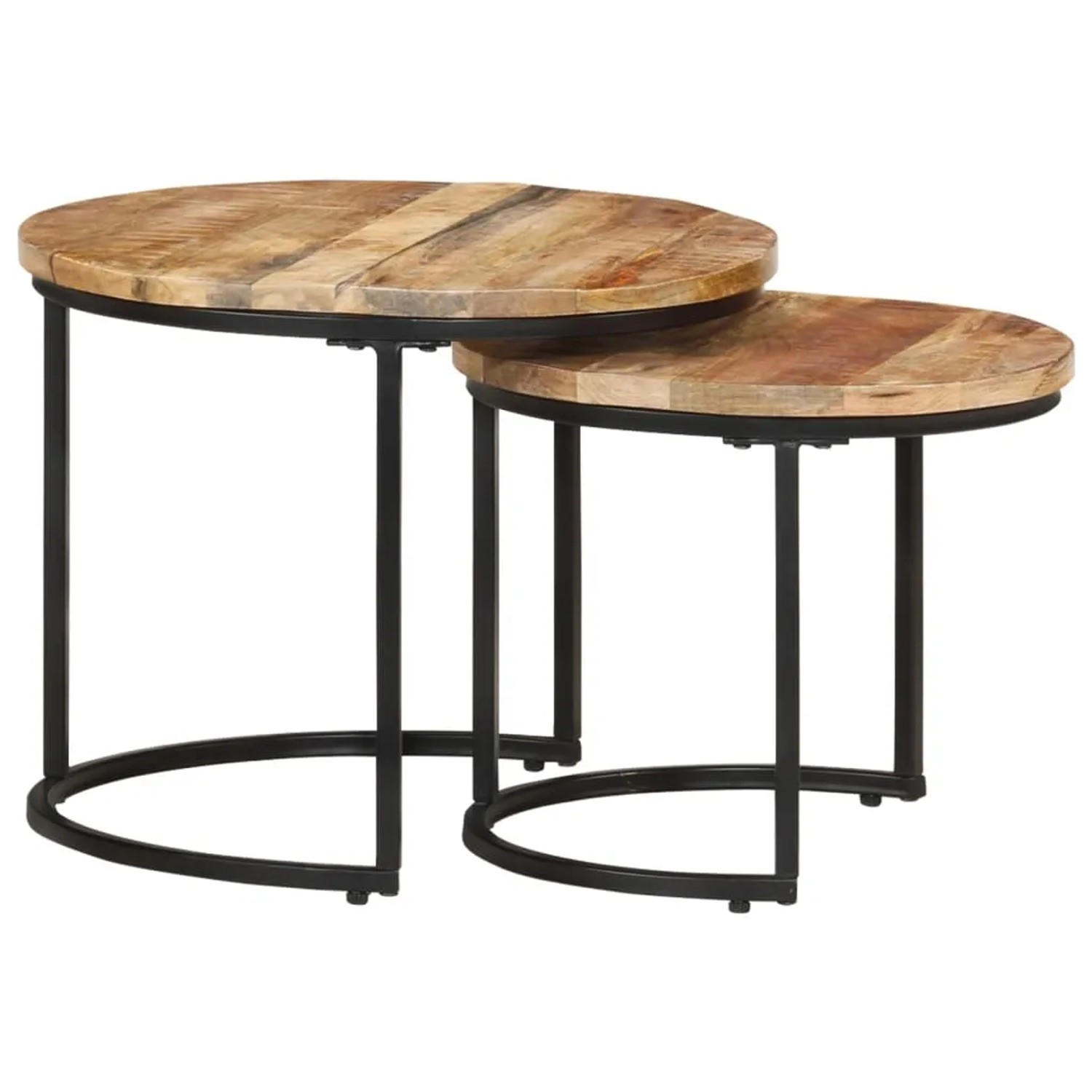 Zwei runde Beistelltische aus rohem Mangoholz mit schwarzem Metallgestell, ineinander geschoben. Satztische.