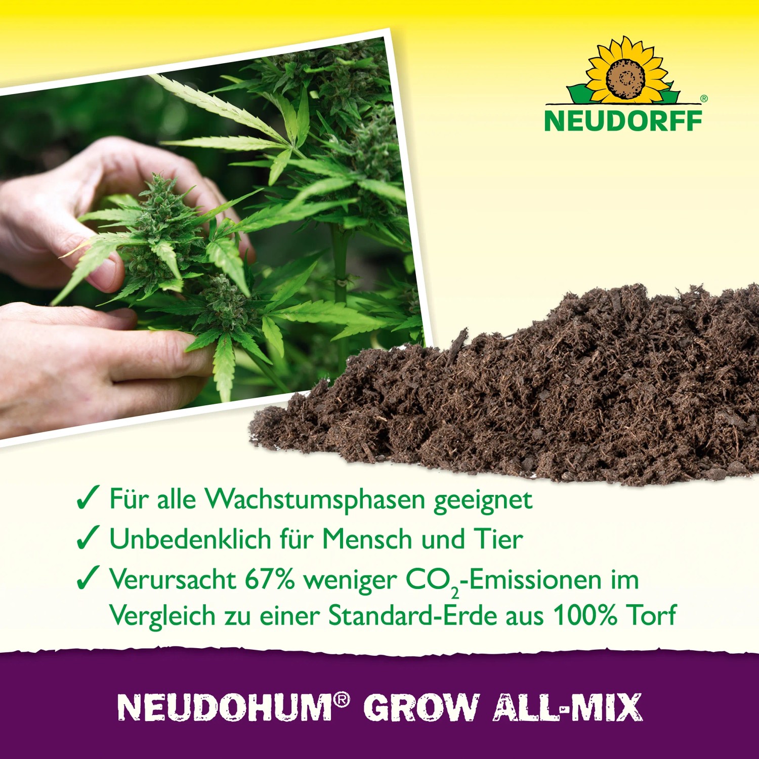 Neudorff Pflanzerde Neudohum Grow All-Mix: Torffreie Erde mit Cannabis-Pflanze und Erdhaufen.