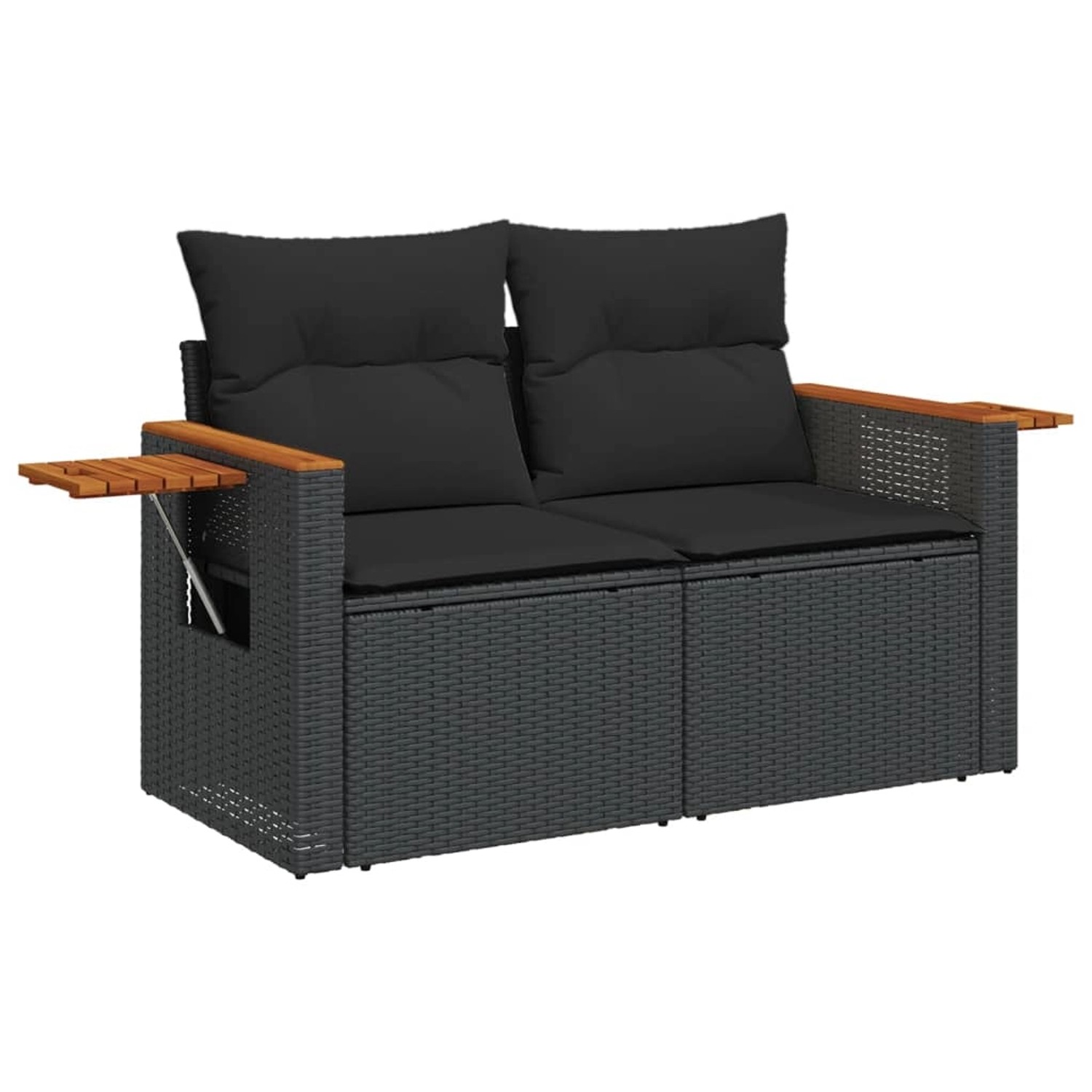 Schwarze vidaXL Garten-Sofagarnitur aus Rattan mit Kissen und Ablagetisch.