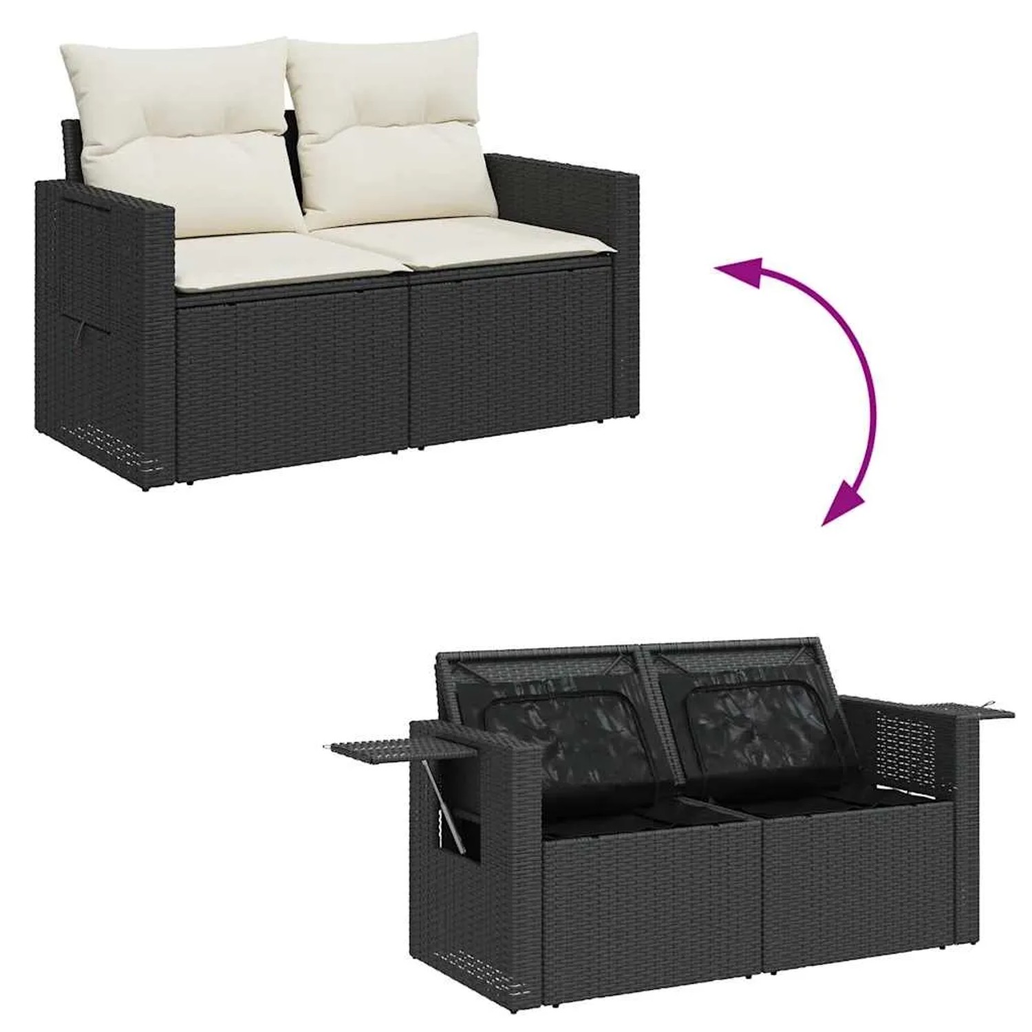 vidaXL Garten-Sofagarnitur, 9-teilig, schwarz, Poly Rattan mit Stauraum und Kissen.