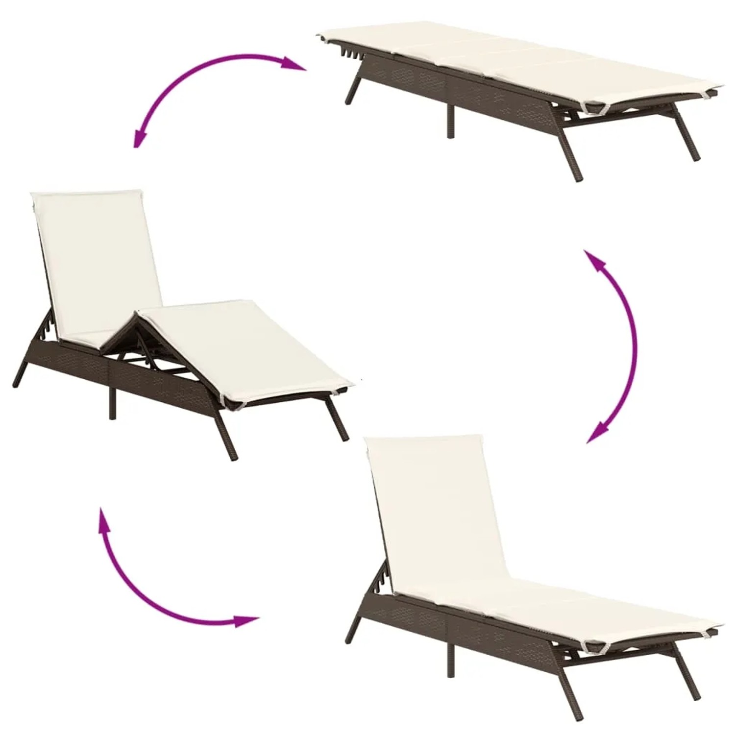 Sonnenliegen Set, braunes Poly Rattan mit Auflagen, verstellbare Rückenlehne und Fußteil.