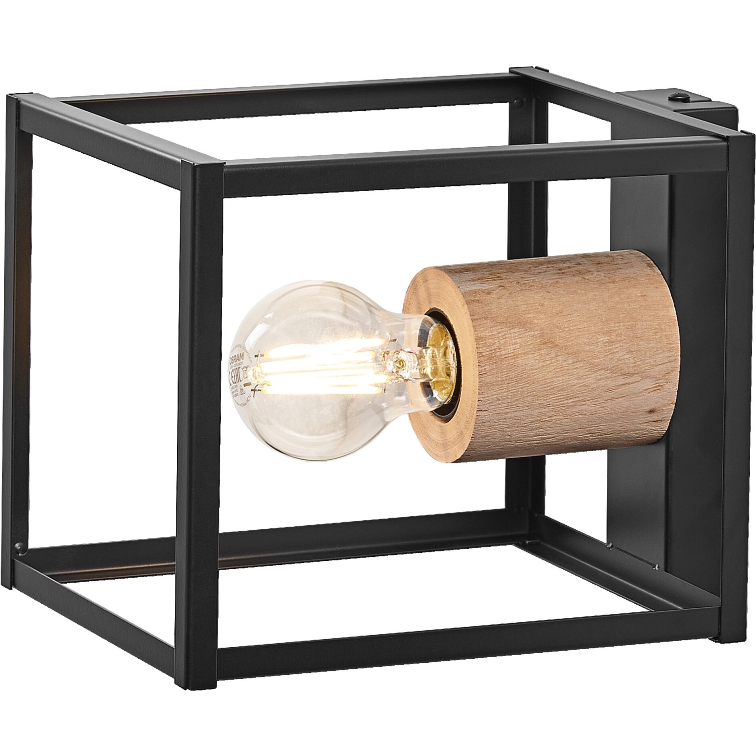 Schwarze Ledvance Wandlampe Decor Nairobi mit Holzelement und E27 Fassung.