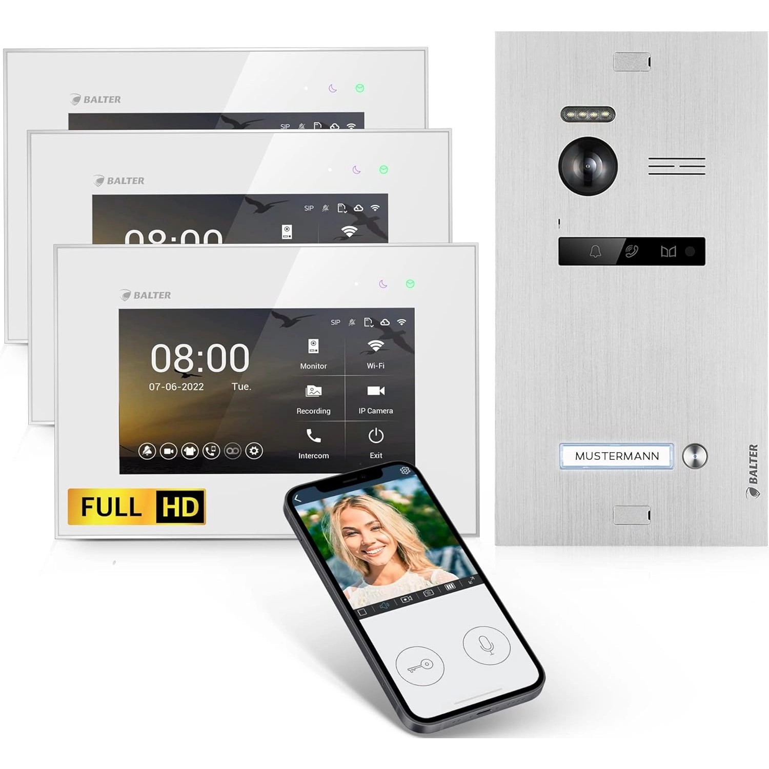 Balter EVO-HD Video-Türsprechanlage mit App für Einfamilienhaus mit 3x 7 Zoll Monitor Silber-Weiß